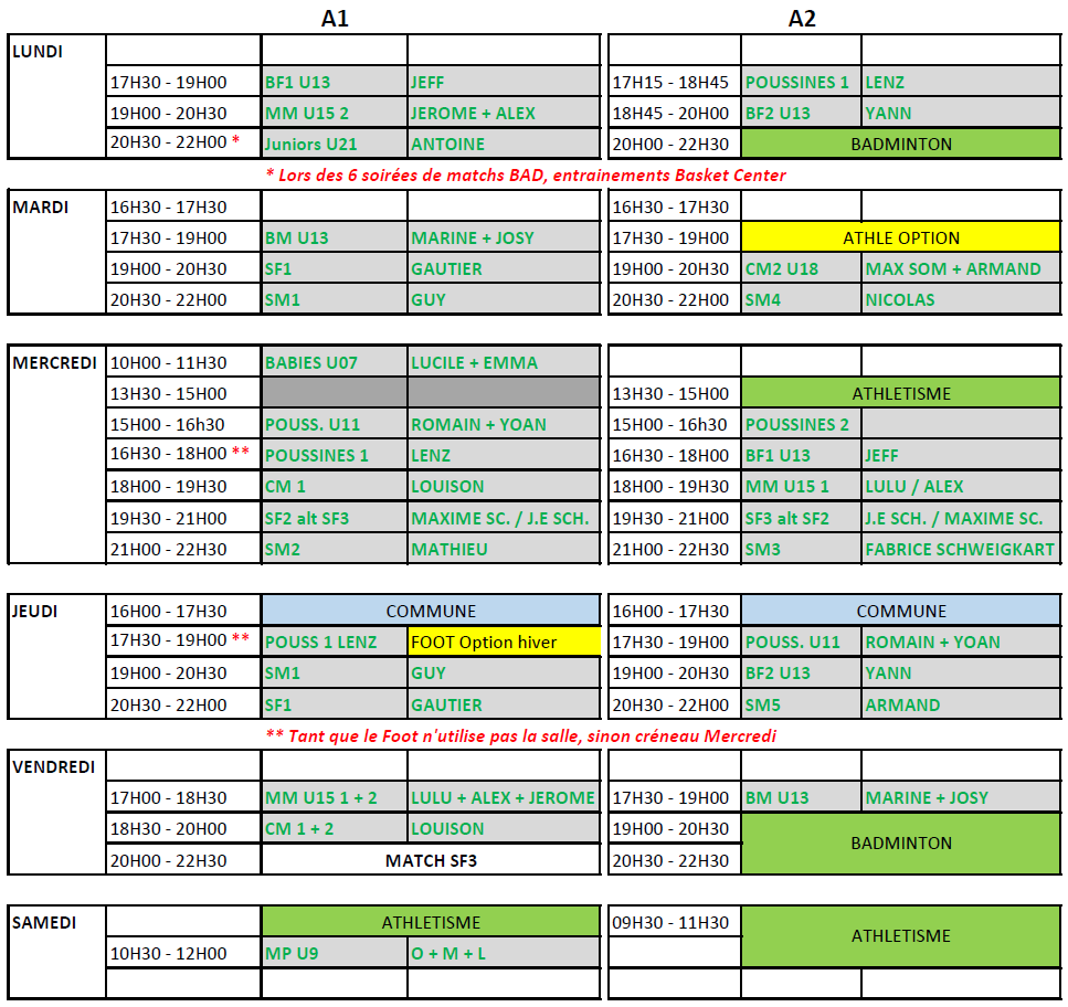 Calendrier entrainements