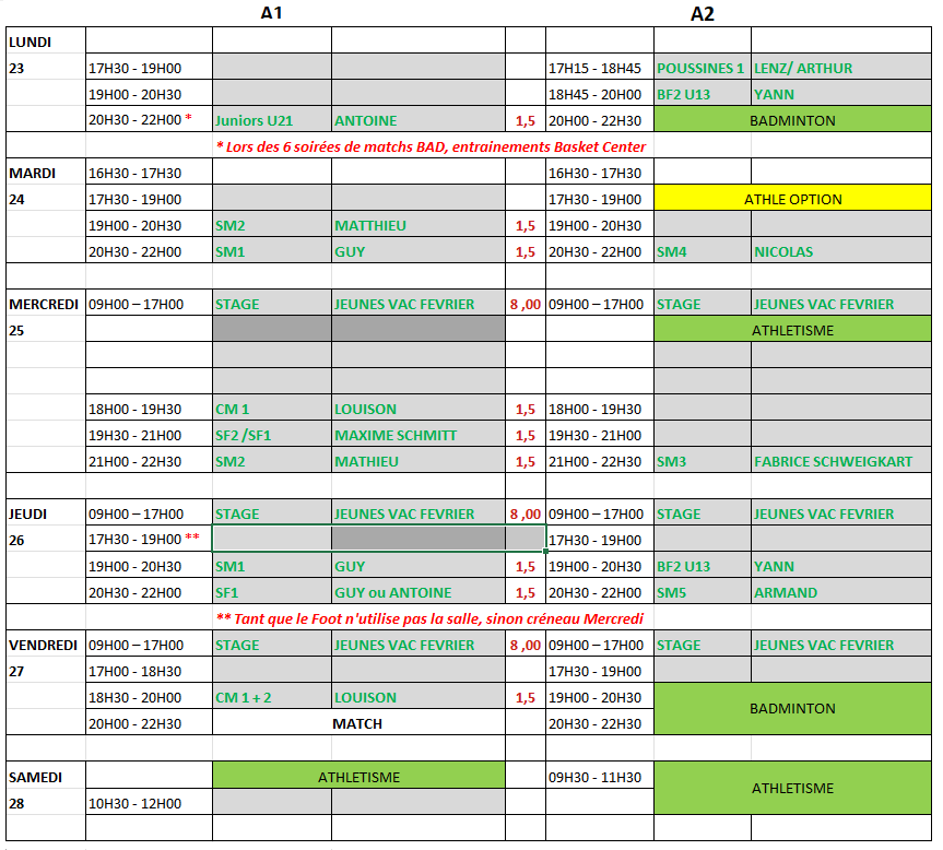 entrainements vacances fevrier